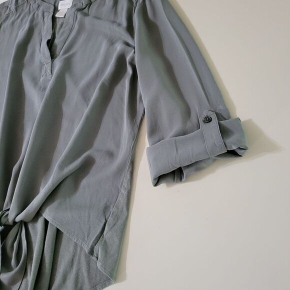Chico's Madison Tie Front Hi-Low Fatigue Green Long Sleeve Top - Picture 13 of 16